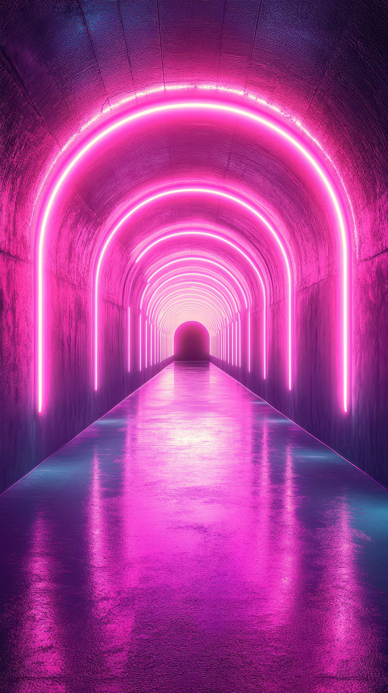Vibrant neon light tunnel creates an enchanting atmosphere in an underground passageway